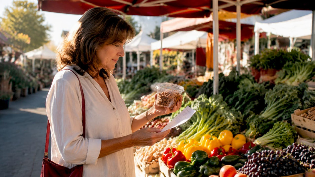 Woman checking ingredient list at grocery store