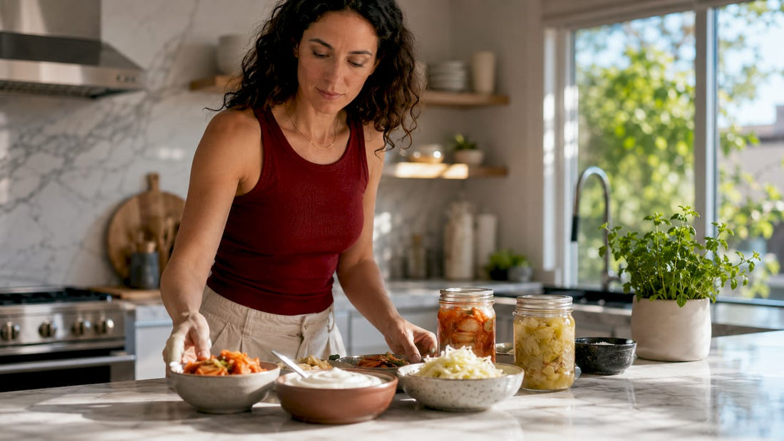 Woman arranging gut microbiome diet staples on table