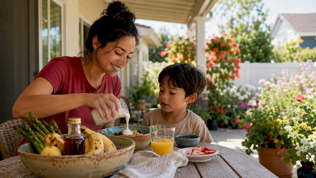 Mother and child eating prebiotic foods together at breakfast