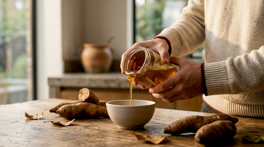 Hands pouring prebiotic syrup over bowl in kitchen