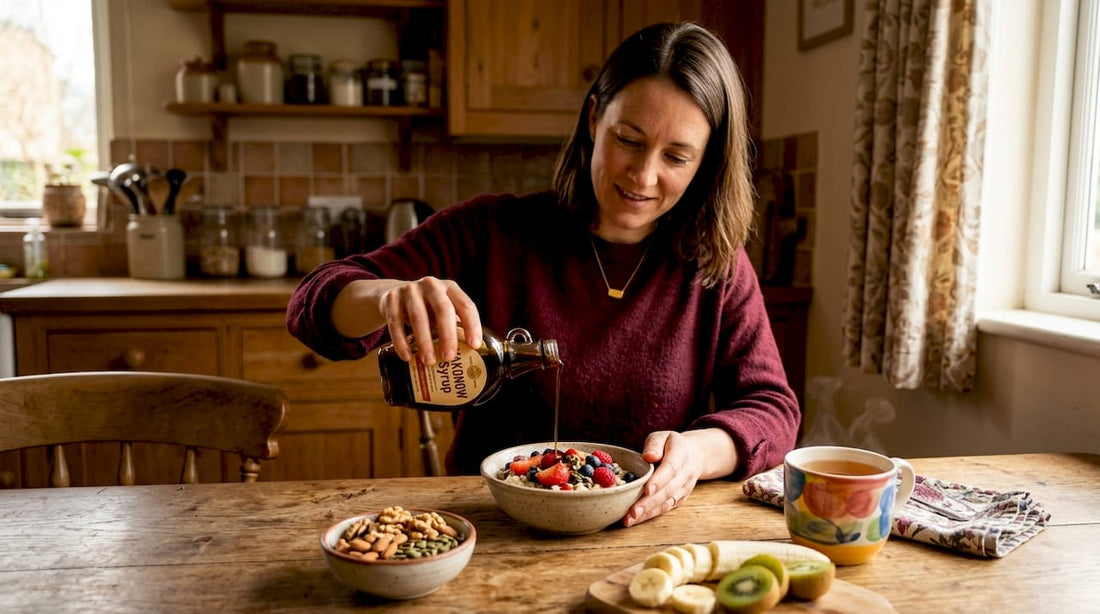 Parent pouring yacon syrup on breakfast oatmeal with berries