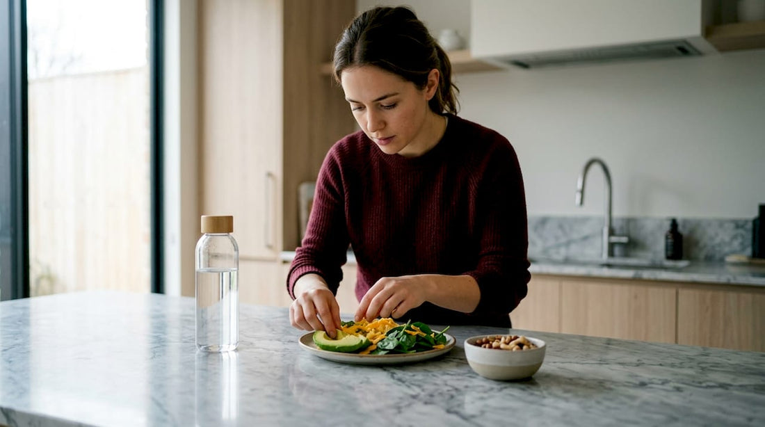 Woman preparing keto breakfast plate in kitchen