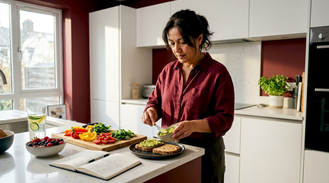Woman preparing healthy pre-diabetic breakfast at kitchen counter