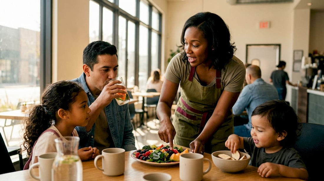 Family discussing fiber-rich foods at kitchen table