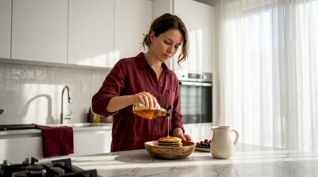 Woman pouring natural syrup in kitchen