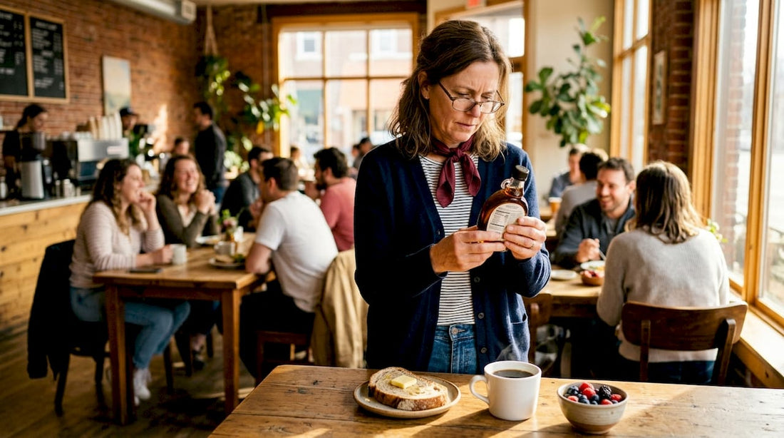 Woman reading syrup nutrition label at breakfast table
