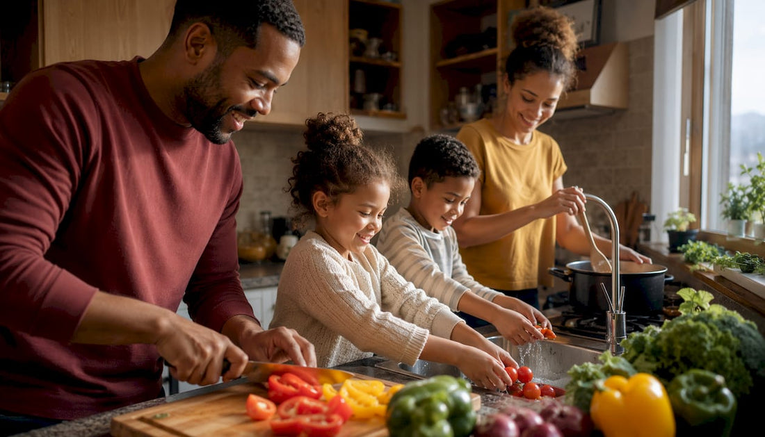 Family preparing healthy gut-friendly meal together