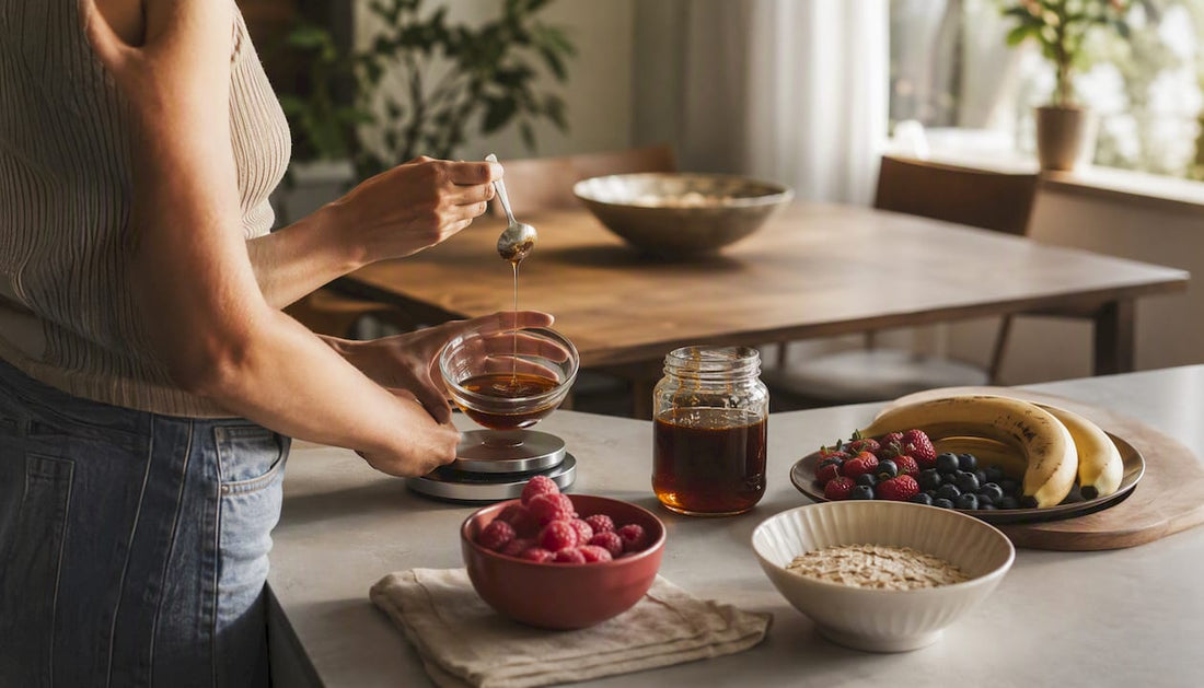Hands calculating glycemic load with breakfast foods