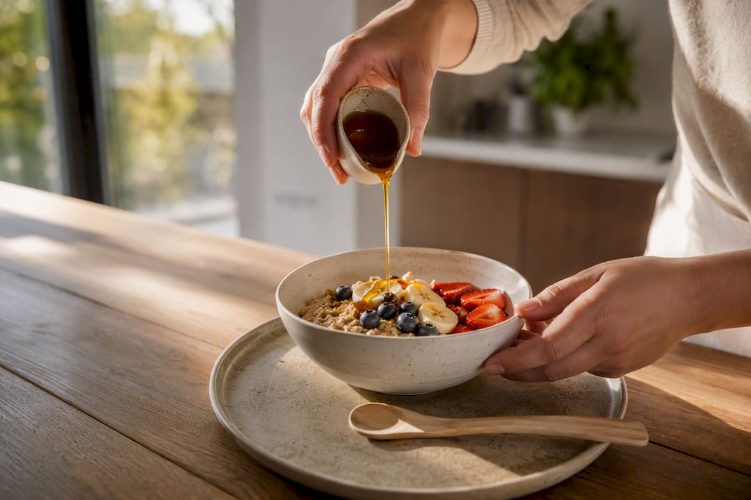 Yacon syrup drizzling on oatmeal bowl