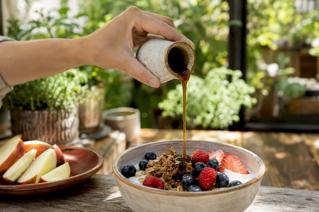 Hand pouring yacon syrup on fruit bowl