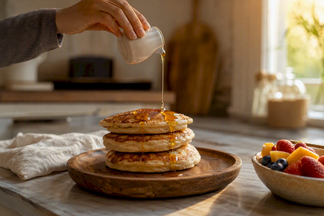 Hand drizzling yacon syrup over pancakes