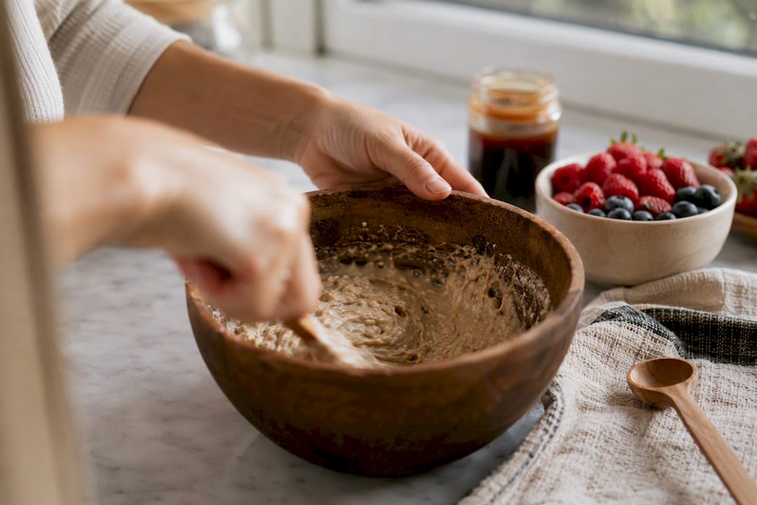 Hands mixing diabetic-friendly dessert batter
