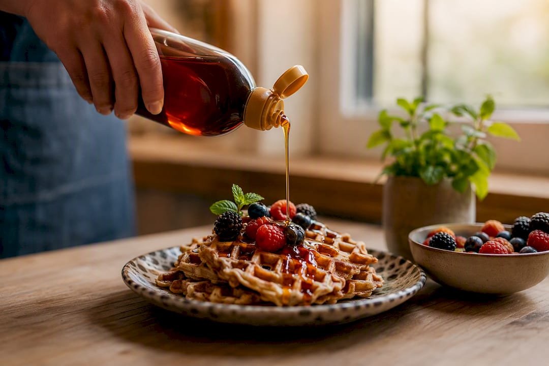 Hand pouring yacon syrup on waffles