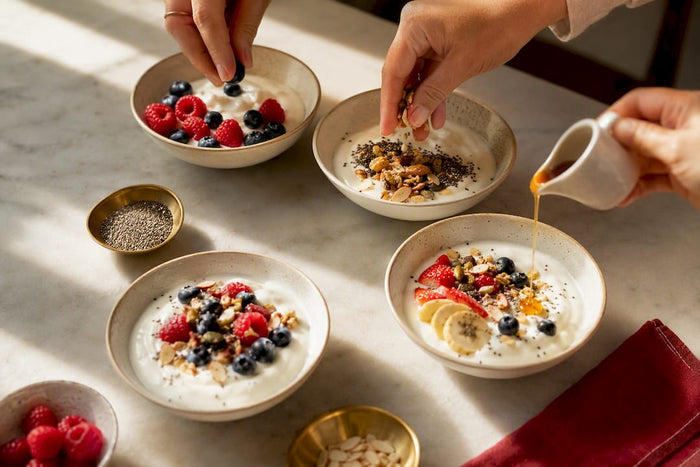 Family Yogurt Bowls: Low Sugar Toppings and a 1–2 tsp Drizzle