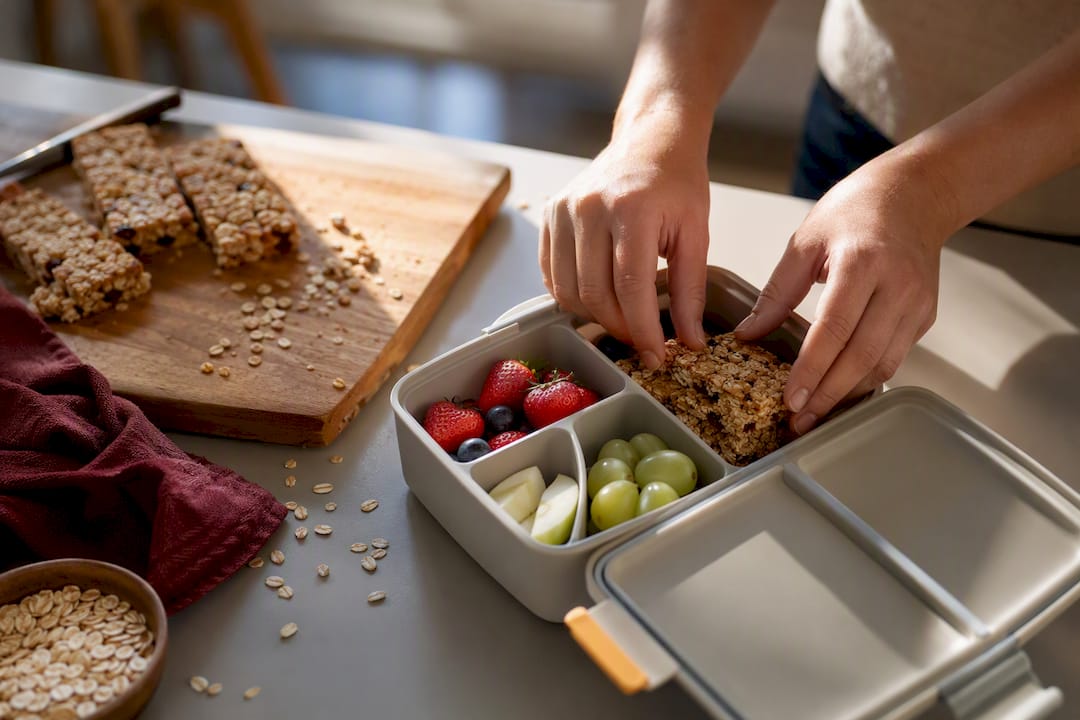 Homemade granola bars packed into lunchbox